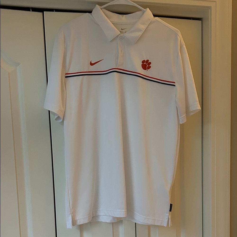 Nike Men's White Polo with Clemson logo& orange, purple & white stripe.